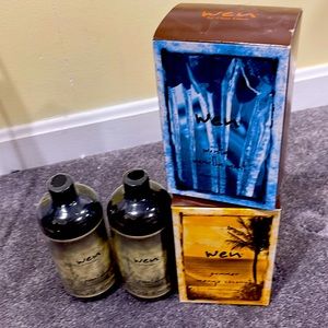 When shampoo/conditioner-never opened. Three bottles with pumps and one without.